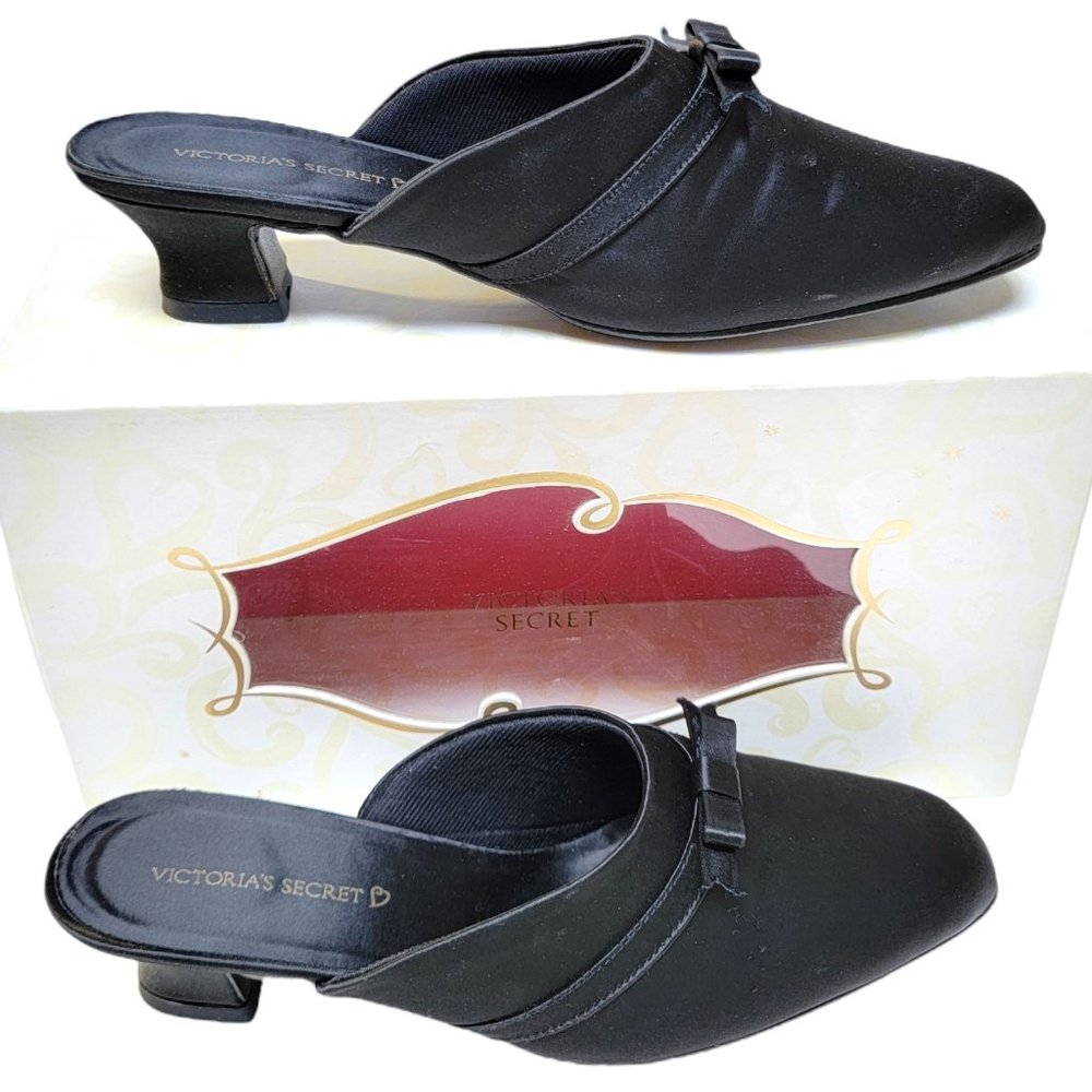 VICTORIA'S SECRET Black Satin Boudoir Slippers New w/ Box Size Medium